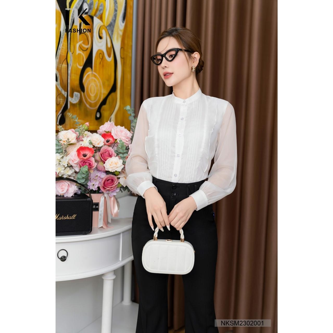 Áo Sơ Mi Nữ NK FASHION Thiết Kế Cổ Tàu Tay Bồng Thanh Lịch Nữ Tính Chất Vải Nhập Hàn Cao Cấp Không Nhăn, Xù NKSM2302001