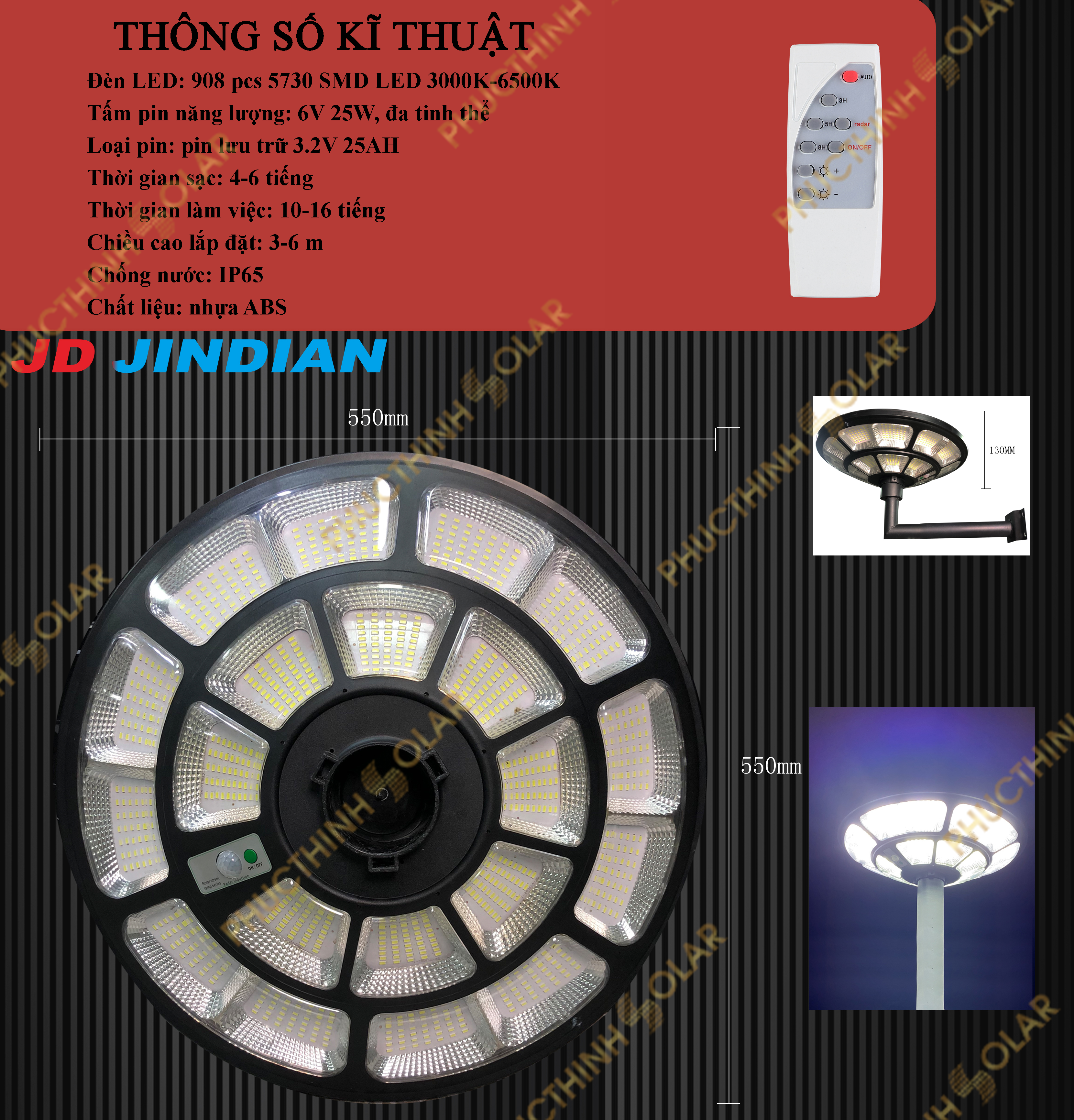 Đèn Sân Vườn Năng Lượng Mặt Trời 1000W Jindian JD-UFO1000 Đèn LED Ngoài Trời, Đèn UFO 1000W | Phúc Thịnh Solar