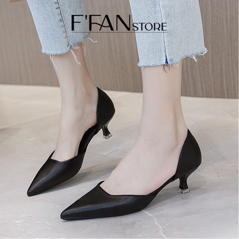 Giày Cao Gót Khoét Eo Da Mềm Lót Êm Chân 3.5 cm - 3150 Đen Trắng Sữa FFAN STORE