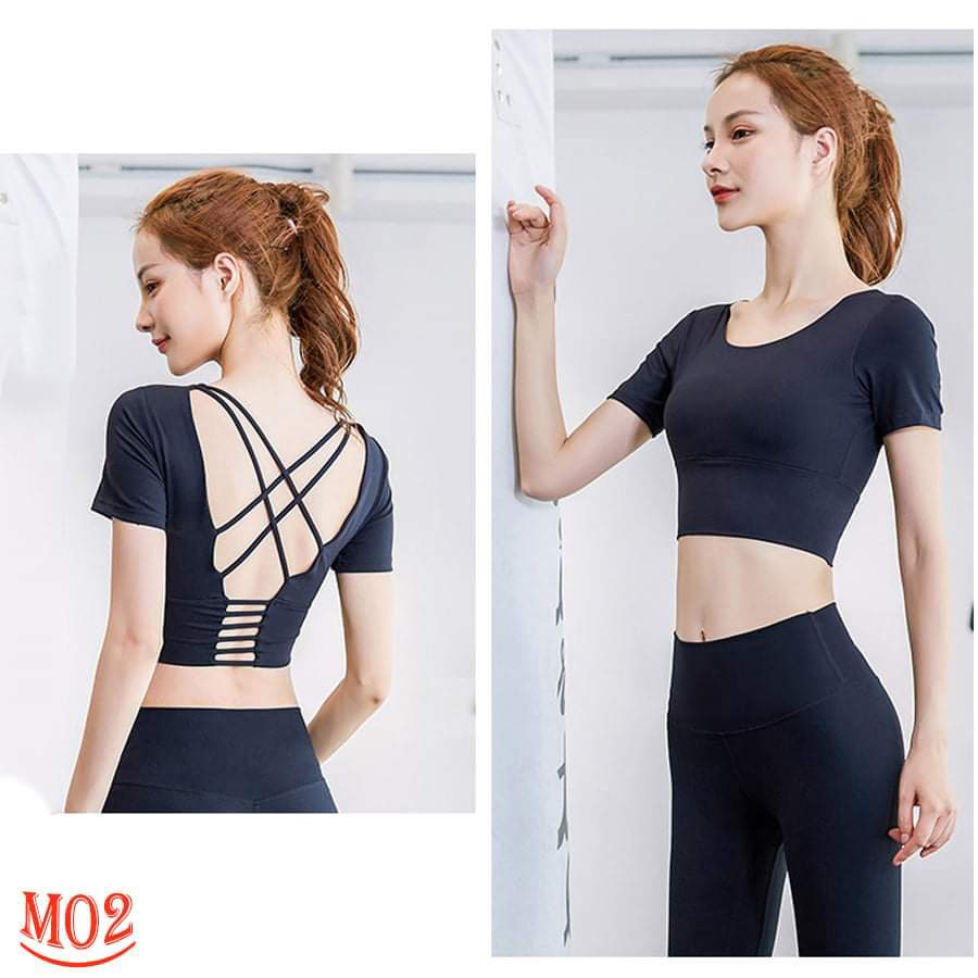 Bộ tập thể thao áo cộc tay Crop top đan dây sau quần dài tập gym,yoga, erubic ...Hàng VNXK