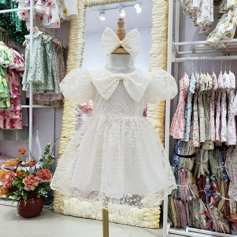 Váy Ren Thêu Nổi CAO CẤP Bé Gái 4 Đến 18kg Màu Kem Sang Trọng