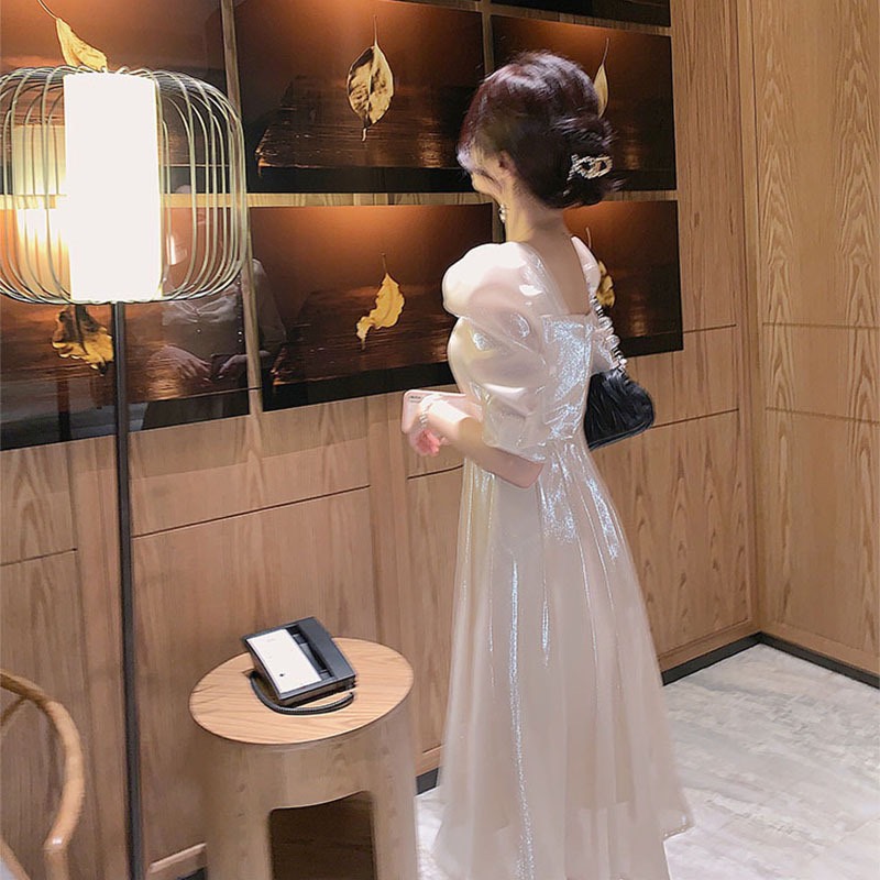 Váy Vải Tơ Ánh Kim Tay Bồng