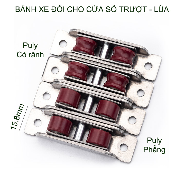 Bộ 2 bánh xe đôi cho cửa trượt-cửa lùa khung thép không gỉ, bánh xe nhựa Nilong rộng 16mm, dùng cho cửa trượt-lùa