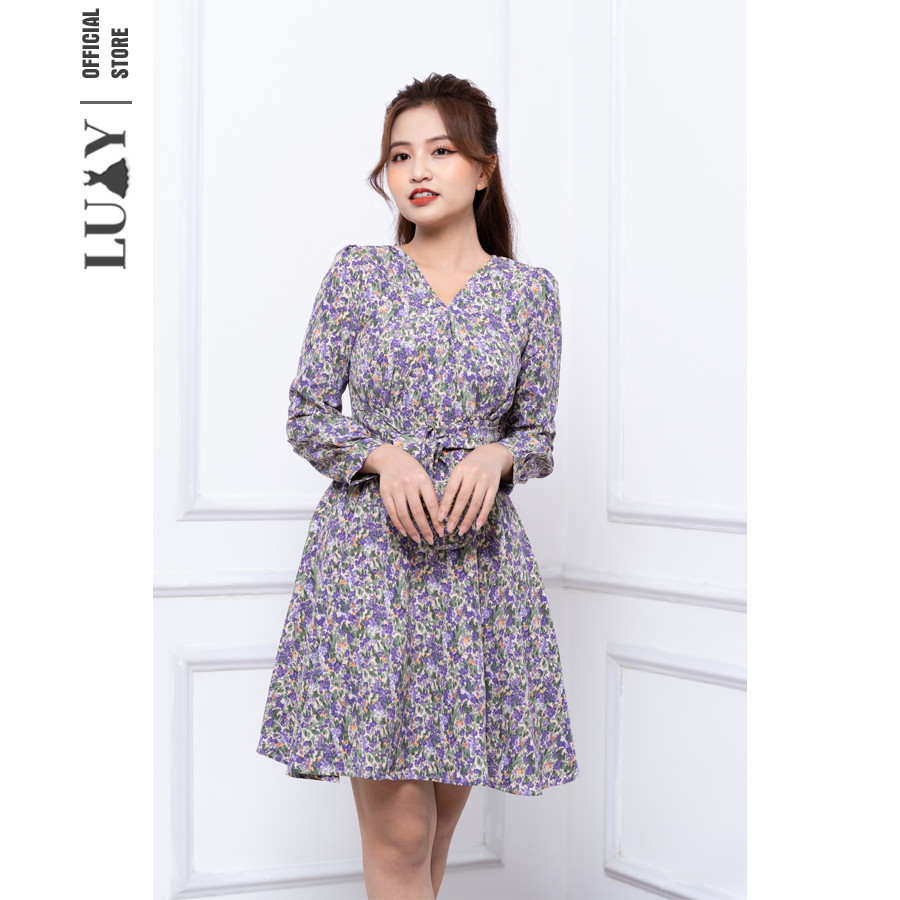 Váy hoa nhí cổ V tay dài phong cách vintage LUXY V47 đủ size từ 42kg - 65kg