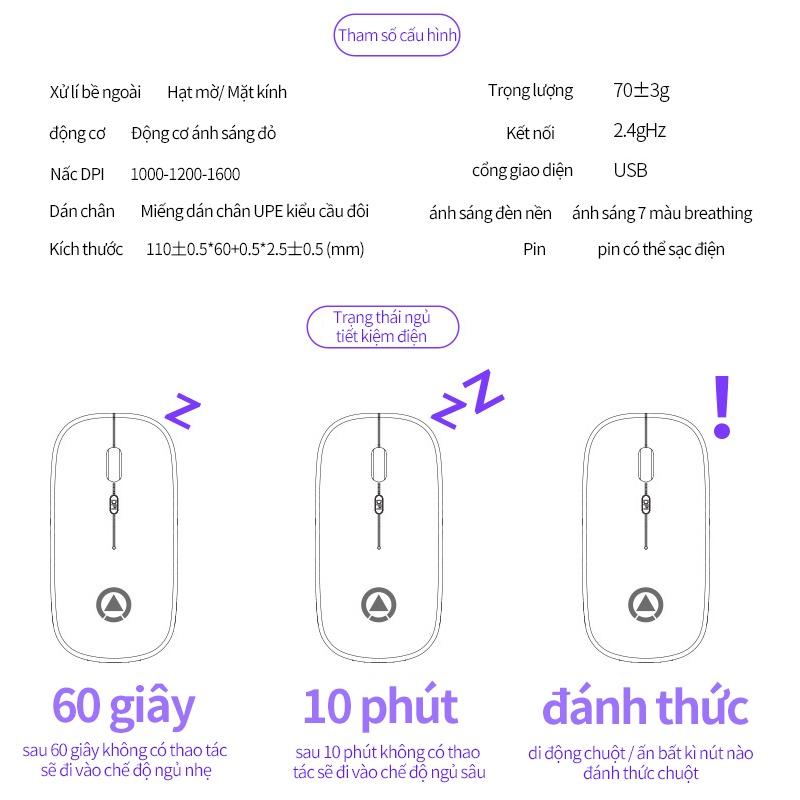 Chuột không dây 2.4Ghz có thể điều chỉnh im lặng có đèn LED sạc lại USB cho Laptop máy tính bảng