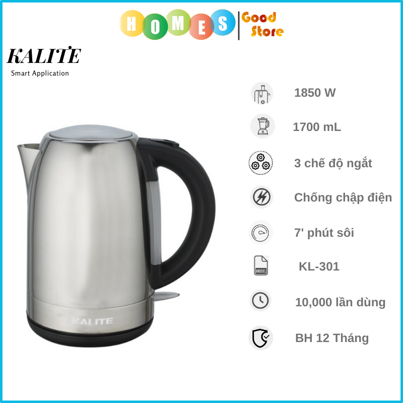 Ấm Siêu Tốc Thương Hiệu Úc KALITE KL-301 Công Suất 1850W Dung Tích 1.7L - Hàng Chính Hãng