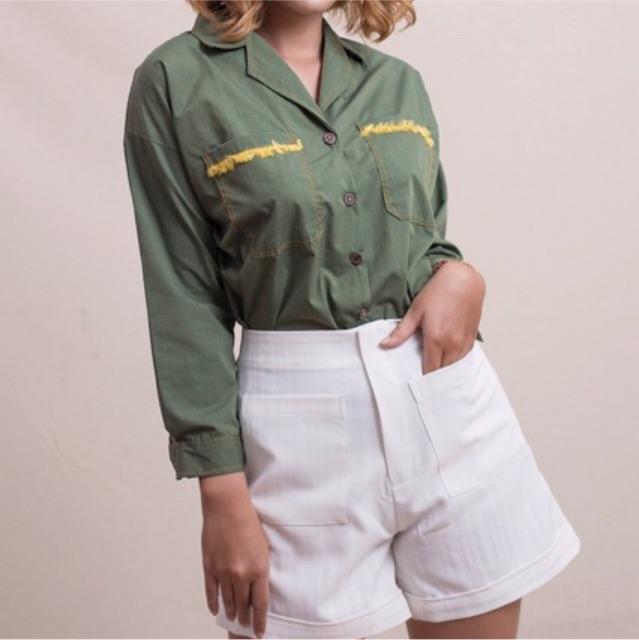 Áo pijama xanh rêu viền túi Freesize