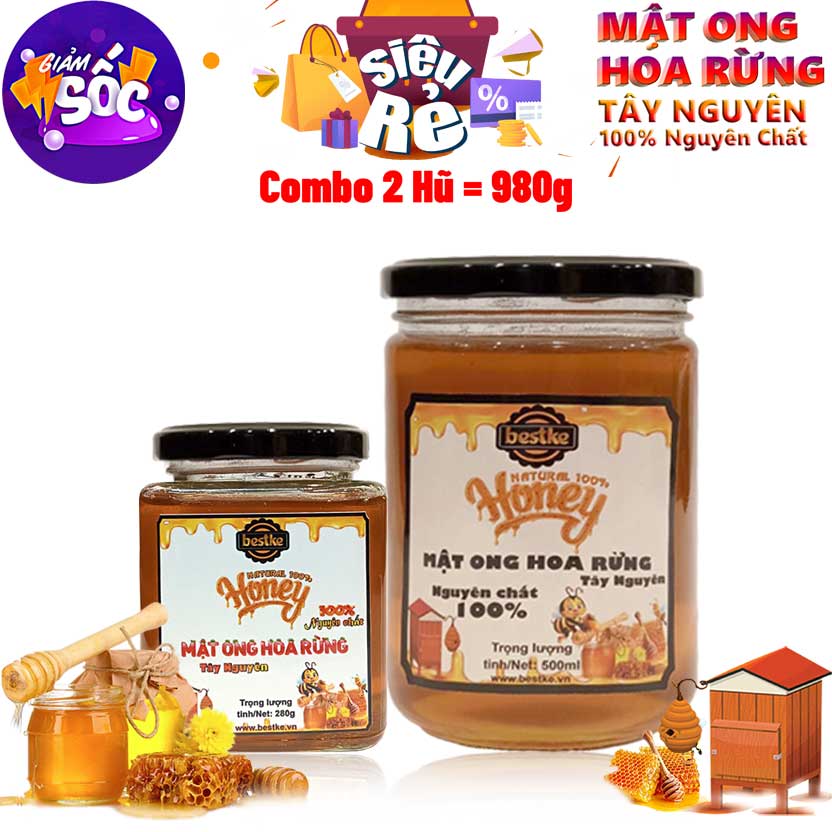 Combo 2 hũ Mật ong hoa rừng Tây Nguyên nguyên chất 200ml = 280g và 500ml = 700g