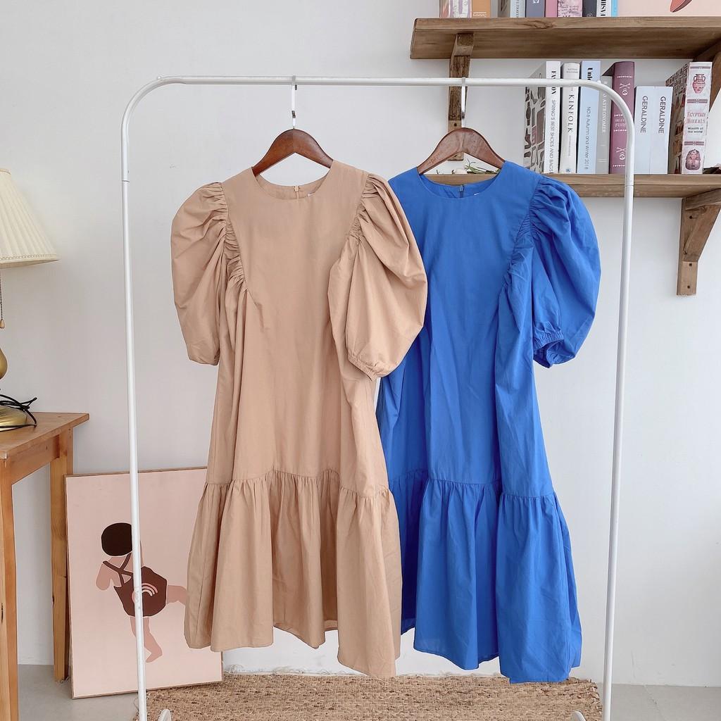 Váy suông dúm vai tay tạo phồng, kèm tag nơ, đầm xuông bầu rộng freesize phối đuôi cá 2 màu mã V177 - Michi's House
