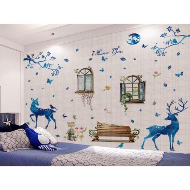 Decal dán tường đôi nai xanh và cửa sổ