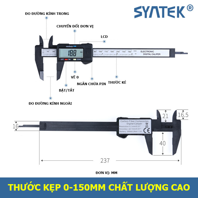 Thước kẹp điện tử màn hình kỹ thuật số Syntek 150mm (tặng kèm PIN dự phòng)