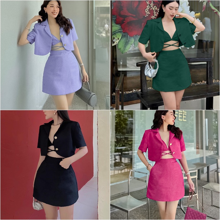 SET ÁO DÂY CROPTOP BRA BIKINI ĐI BIỂN + KHOÁC LỬNG BLAZER SƠ MI VEST TAY NGẮN + CHÂN VÁY NGẮN SUÔNG TRƠN LƯNG CAO DẠO PHỐ DỰ TIỆC