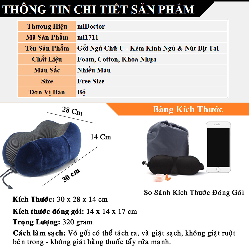 Gối Chữ U Kèm Bịt Mắt, Bịt Tai – Gối Ngủ Du Lịch, Tựa Đầu Chống Mỏi Chất Liệu Memory Foam Chính Hãng miDoctor – mi1711