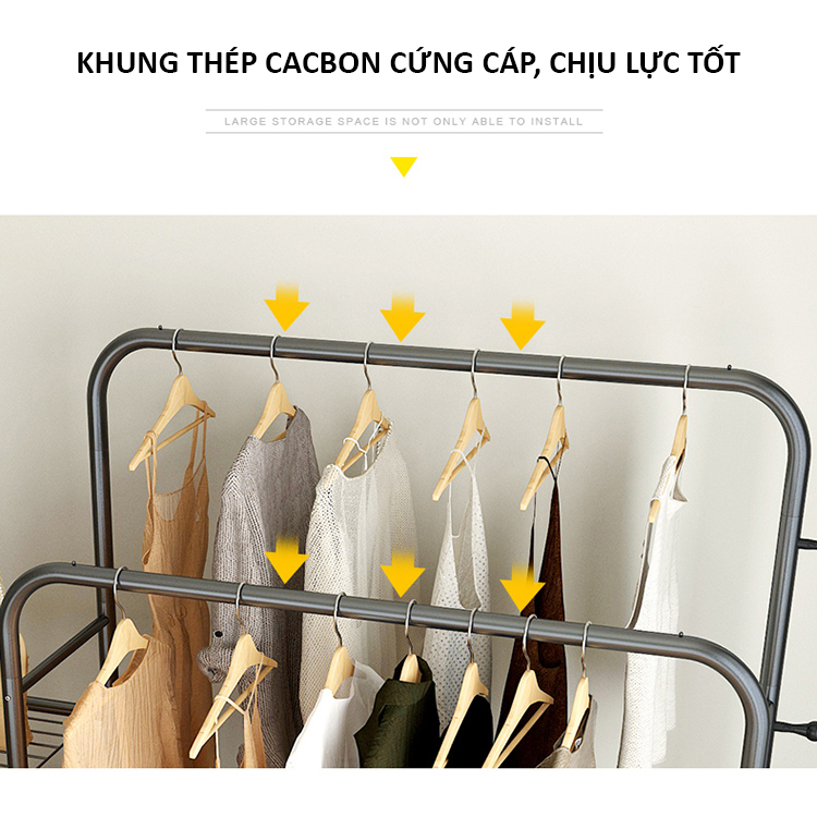 Giá treo quần áo hiện đại Thép carbon 2 thanh 5 tầng Để Đồ VANDO Có Bánh Xe Tiện Lợi, Giá Kệ Treo Đồ cao cấp, siêu chịu lực 150kg