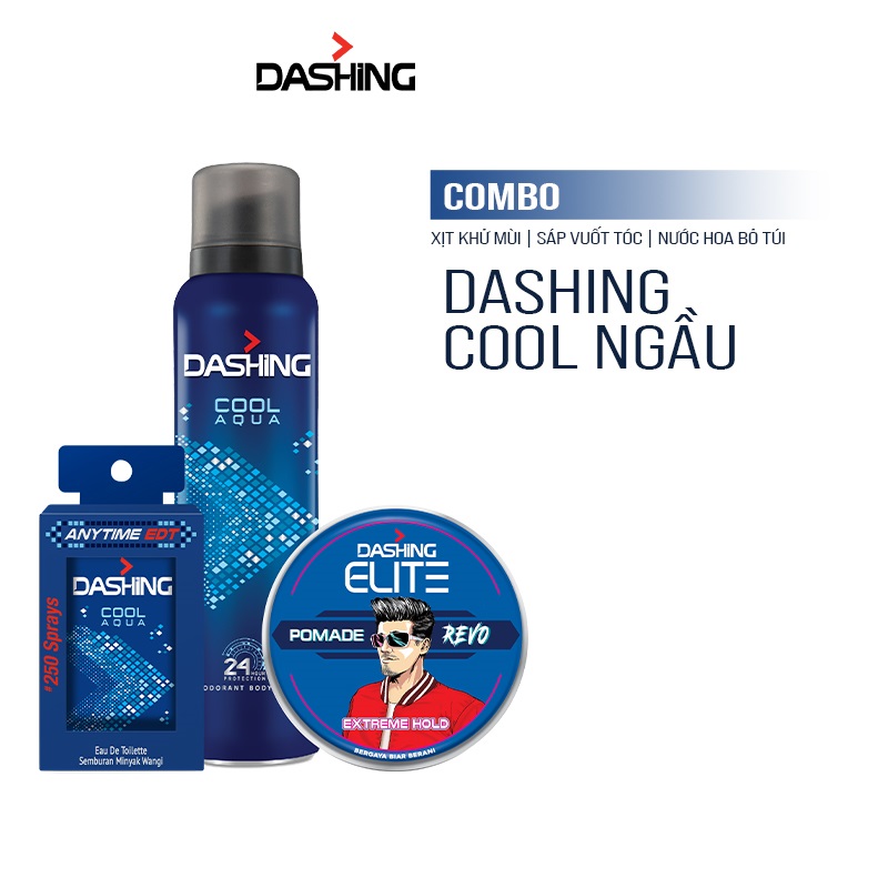 Combo Dashing Essensial: Xịt khử mùi Cool Aqua 125ml &amp; Nước hoa bỏ túi Cool Aqua 18ml &amp; Sáp vuốt tóc Dashing Revo 75g