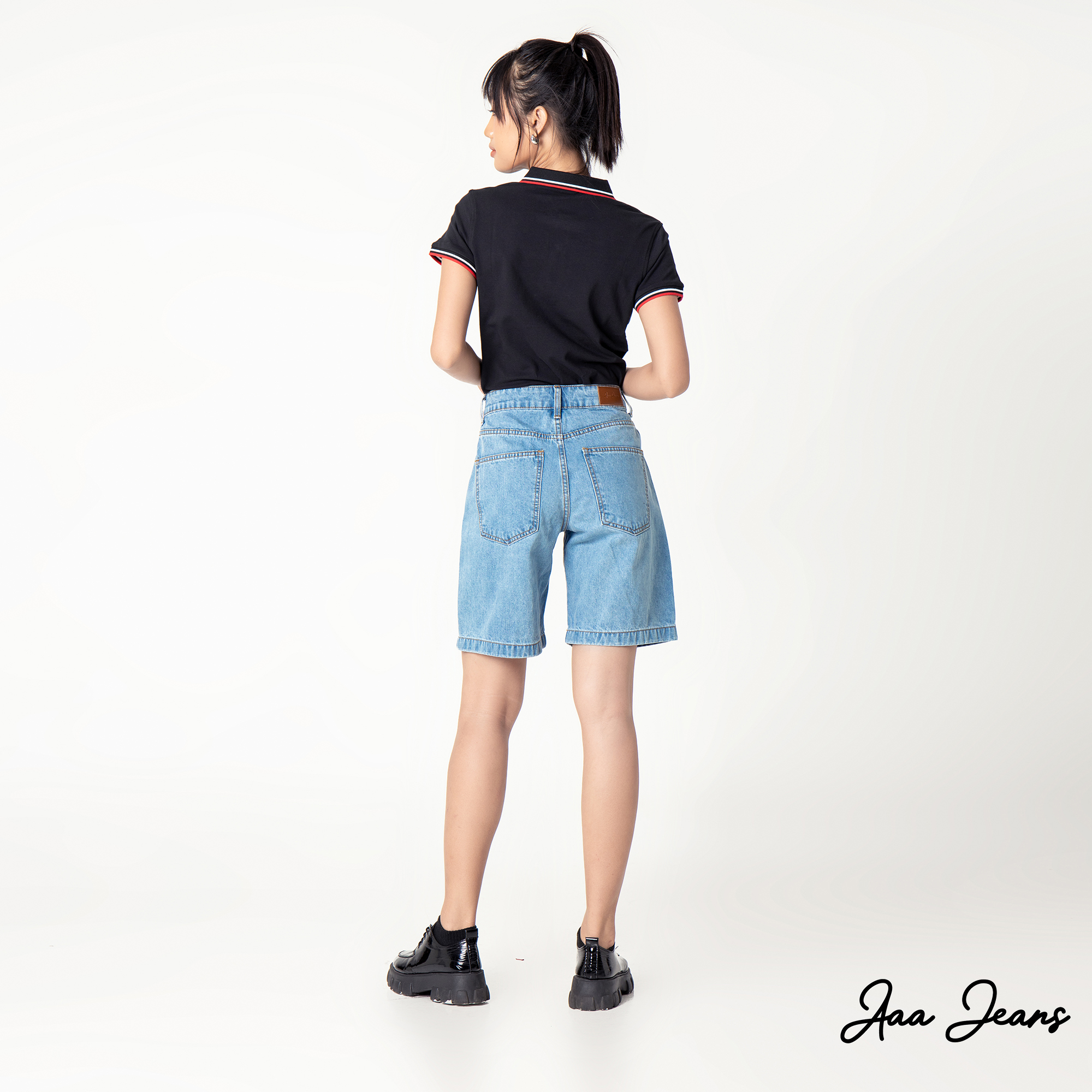 Quần short jean nữ lưng cao ngang gối Aaa Jeans Light Blue