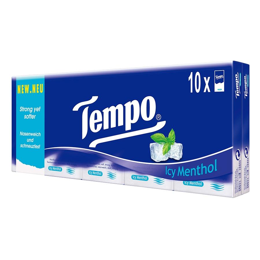 Lốc 10 Gói Khăn Giấy Bỏ Túi Tempo Regular Icy Menthol 4 Lớp (8 Tờ/ 1 Gói x 10)