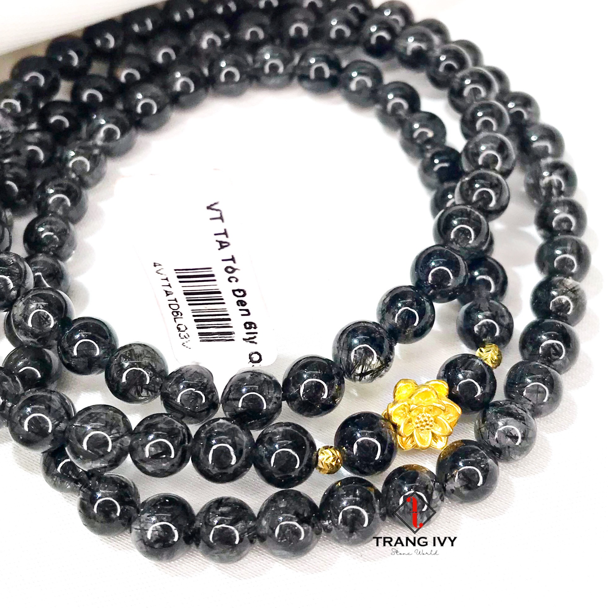 Vòng tay thạch anh tóc đen mix Hoa sen vàng 24k