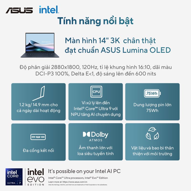 Asus Zenbook 14 UX3405CA-PZ368WS (Intel Core Ultra 7 255H | 16GB | 512GB | Intel Arc | 14 inch 3K OLED | Cảm ứng | Win 11 | Office | Xanh)- HÀNG CHÍNH HÃNG