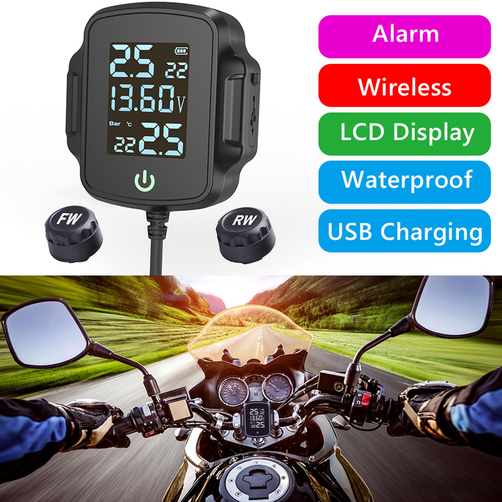 Motorcycle TPMS Tire Pressure Monitoring System Warning Gauge, Tyre Temperature Alarm System, with Voltage Detection, Dustproof