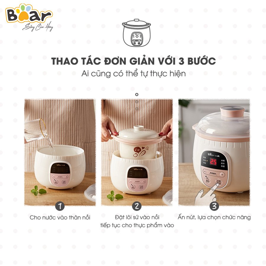 Nồi Nấu Chậm 0,8L Bear SUBE001 Đa Năng Nấu Cháo, Chưng Yến Bản Quốc Tế - Hàng Chính Hãng