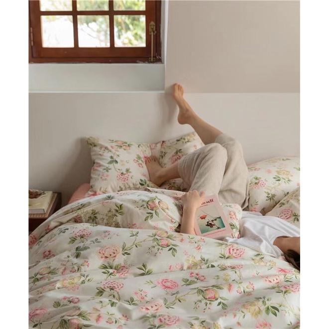 Bộ Chăn Ga Cotton Living 100%cotton Hàng Nhập Khẩu Cao Cấp 4 Món Hoa Hồng Vintage Nhẹ Nhàng