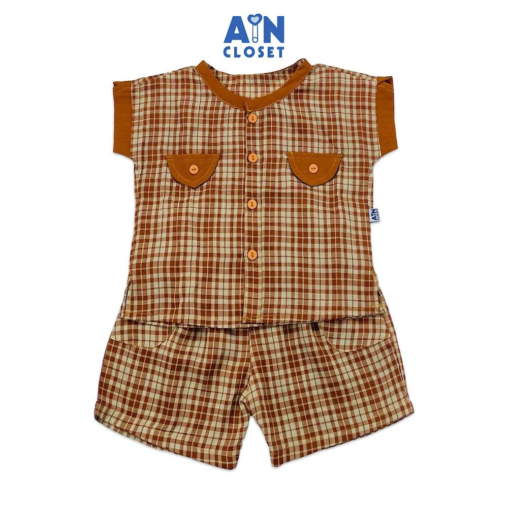 Bộ quần áo ngắn bé trai họa tiết Caro Nâu Đỏ cotton - AICDBTOFEWFI - AIN Closet