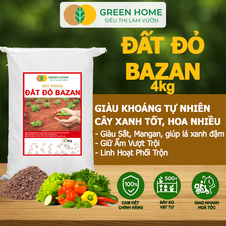 Đất Đỏ Bazan Greenhome, Bao 4Kg, Đất Trồng Cây, Bổ Sung Phân Hữu Cơ, Vi Sinh Trồng Hoa Hồng, Kiểng Lá, Rau