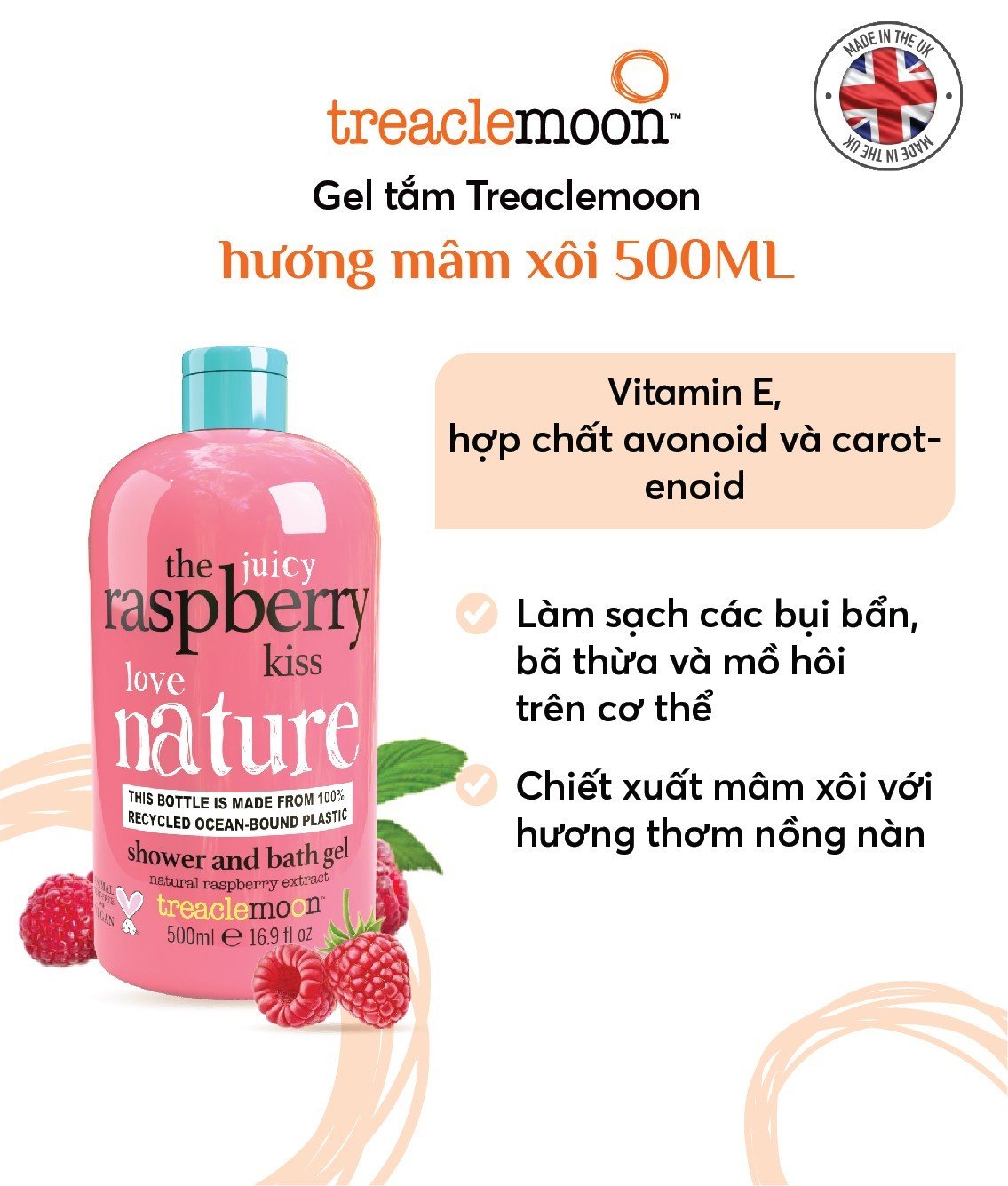 [ Tặng nước tẩy trang 100ml ] Gel tắm chiết xuất Quả mâm xôi Treaclemoon 500ml