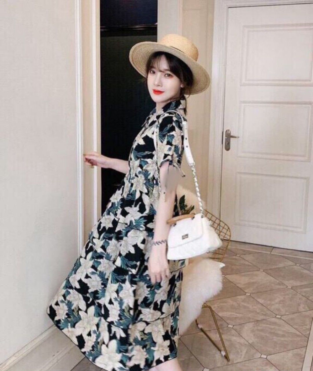 Đầm xòe lụa hoa cổ sơ mi xinh xắn