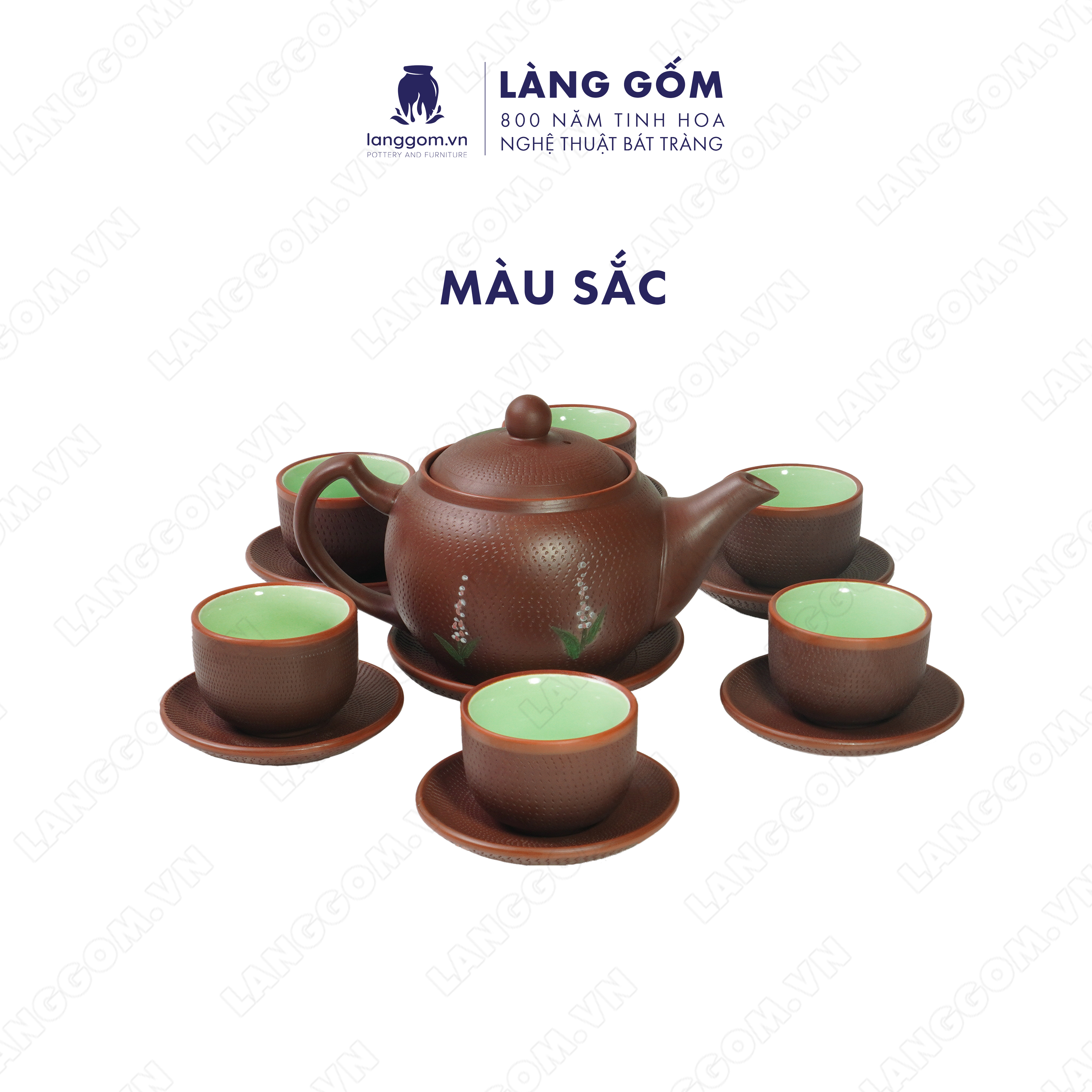 Bộ ấm chén đất nung hoa oải hương - Men mộc - Gốm sứ Bát Tràng - langgom.vn