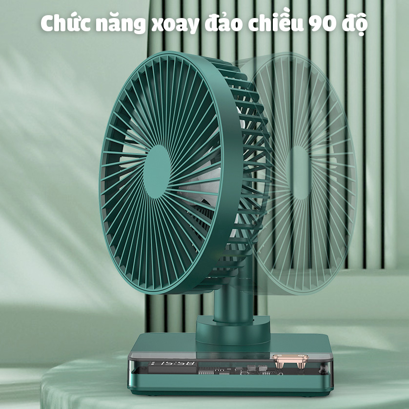 Quạt tích điện để bàn trong suốt kèm đồng hồ hiện giờ Desktop Fan DF-11 xoay đảo chiều 4 tốc độ gió