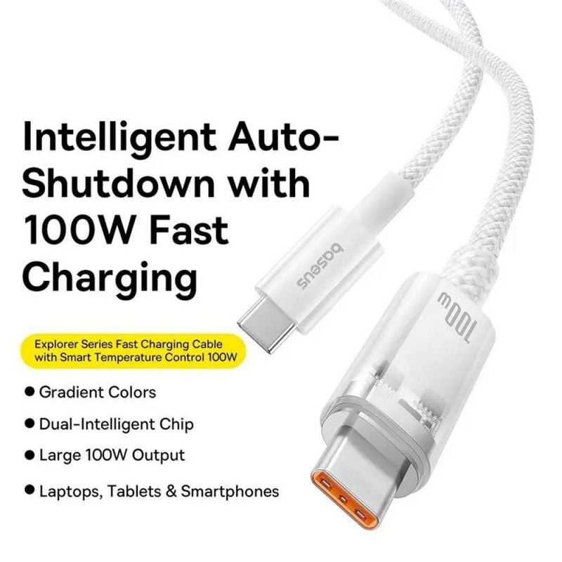 Cáp Sạc Nhanh Baseus Explorer Series 2 Fast Charging Cable Type-C to Type-C 100W Cho Macbook Laptop Điện Thoại (Smart Power-Off Fast Charging Cable with Smart Temperature Control) - Hàng chính hãng