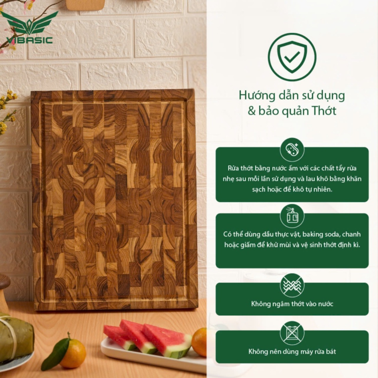 Thớt gỗ Teak Vibasic ghép dựng block kích thước 400x300x38mm, dùng để chặt - Hàng chính hãng Bộ Quốc Phòng
