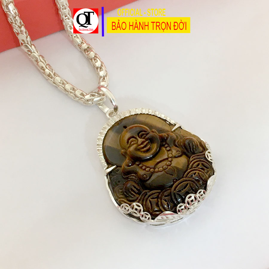 Mặt dây chuyền nam phật Di Lạc cỡ đại đá mắt hổ tự nhiên bọc bạc ta cao cấp trang sức Bạc Quang Thản - QTMDNA15