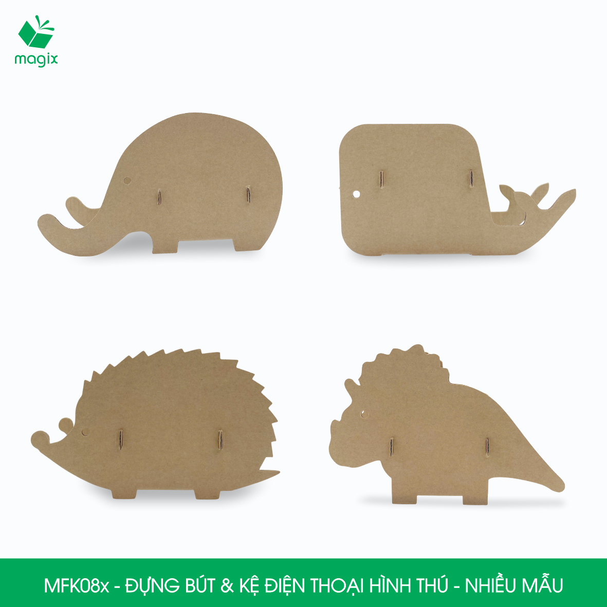 MFK08.CB01 - Combo 4 hộp đựng bút & kệ điện thoại lắp ghép giấy carton hình thú - con voi, nhím, khủng long, cá voi