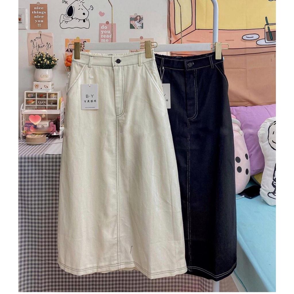 Chân váy kaki nữ FM Style dài qua gối midi thiết kế phối chỉ viền nổi xẻ tà sau phong cách Hàn Quốc 207290040
