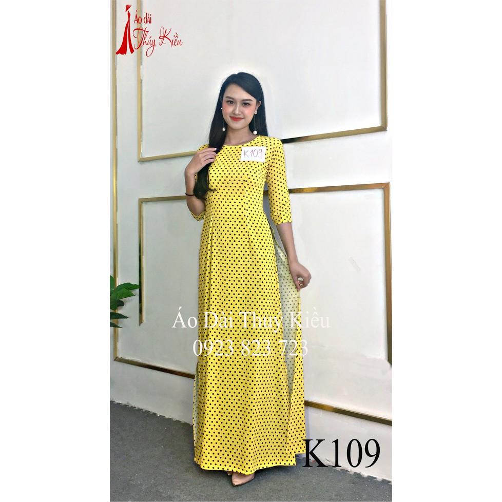 Áo dài nữ may sẵn thiết kế nền vàng chấm bi đẹp cách tân tết K109 Thúy Kiều mềm mại, co giãn, áo dài giá rẻ