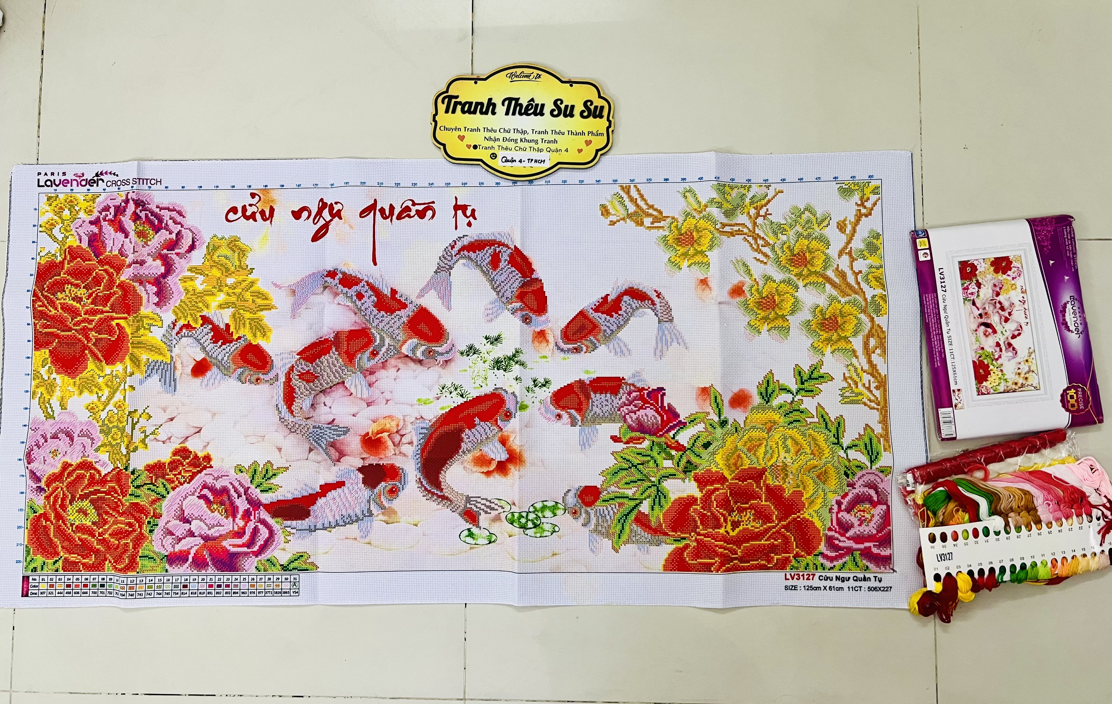 Tranh thêu chữ thập Cửu ngư quần hội lv3127, kích thước 125 x 64 cm