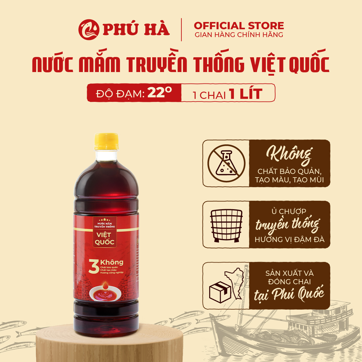 Nước mắm truyền thống Việt Quốc Phú Hà 22 độ đạm - 1 Chai 1 lít