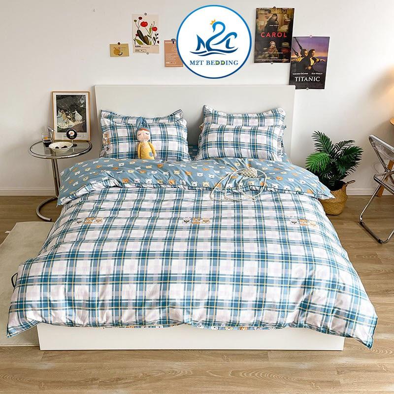 Bộ chăn ga gối Cotton Poly M2T bedding Family gấu, vỏ chăn mền, drap giường và 2 vỏ gối