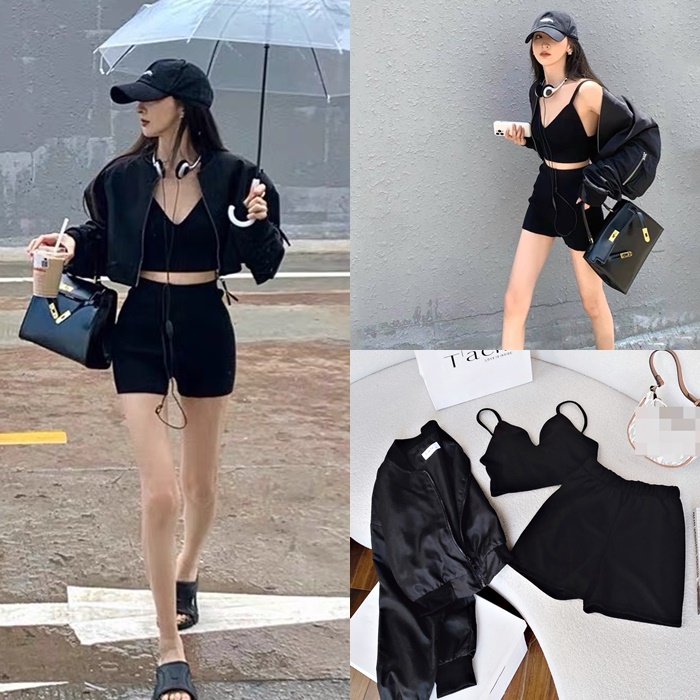 SET ÁO KHOÁC BOMBER CROPTOP LỬNG ĐEN TAY DÀI + ÁO BRA 2 DÂY + QUẦN ĐÙI ÔM BODY NGẮN SHORTS DẠO PHỐ ĐI CHƠI THỂ THAO