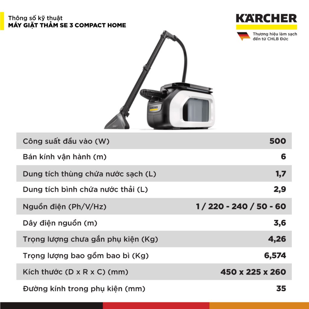 (Sản xuất châu Âu) Máy giặt thảm và sofa Karcher SE 3 Compact Home - Công suất 500W - Làm sạch thảm, sofa nhanh chóng - Hàng Chính Hãng