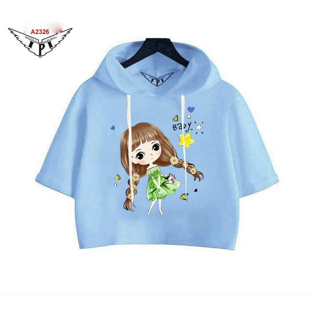 Áo croptop bé gái dạng hodie thun cotton xinh mát size đại cồ