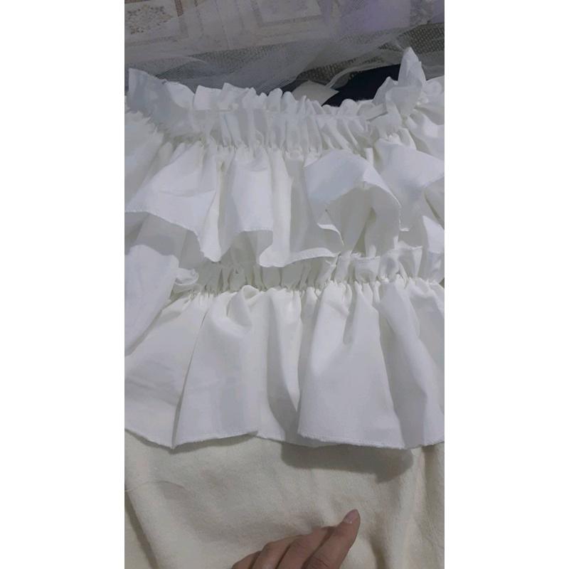 Áo Trễ Vai Viền Bèo Dài Tay Nữ 2 Tầng