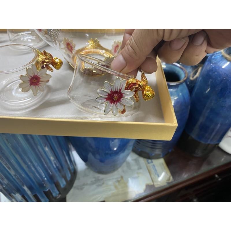 Bộ ấm trà thủy tinh mạ vàng hoa cúc cao cấp