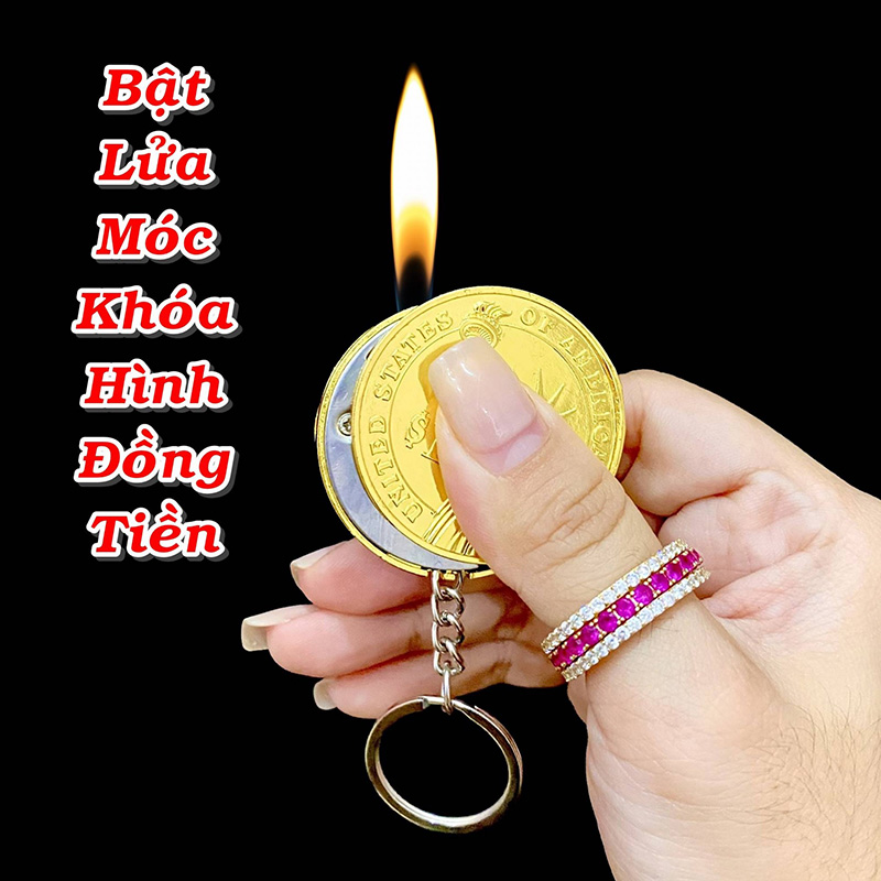 Bật Lửa Móc Khóa Đồng Xu Vàng Bạc Kim Loại - Xài Gas