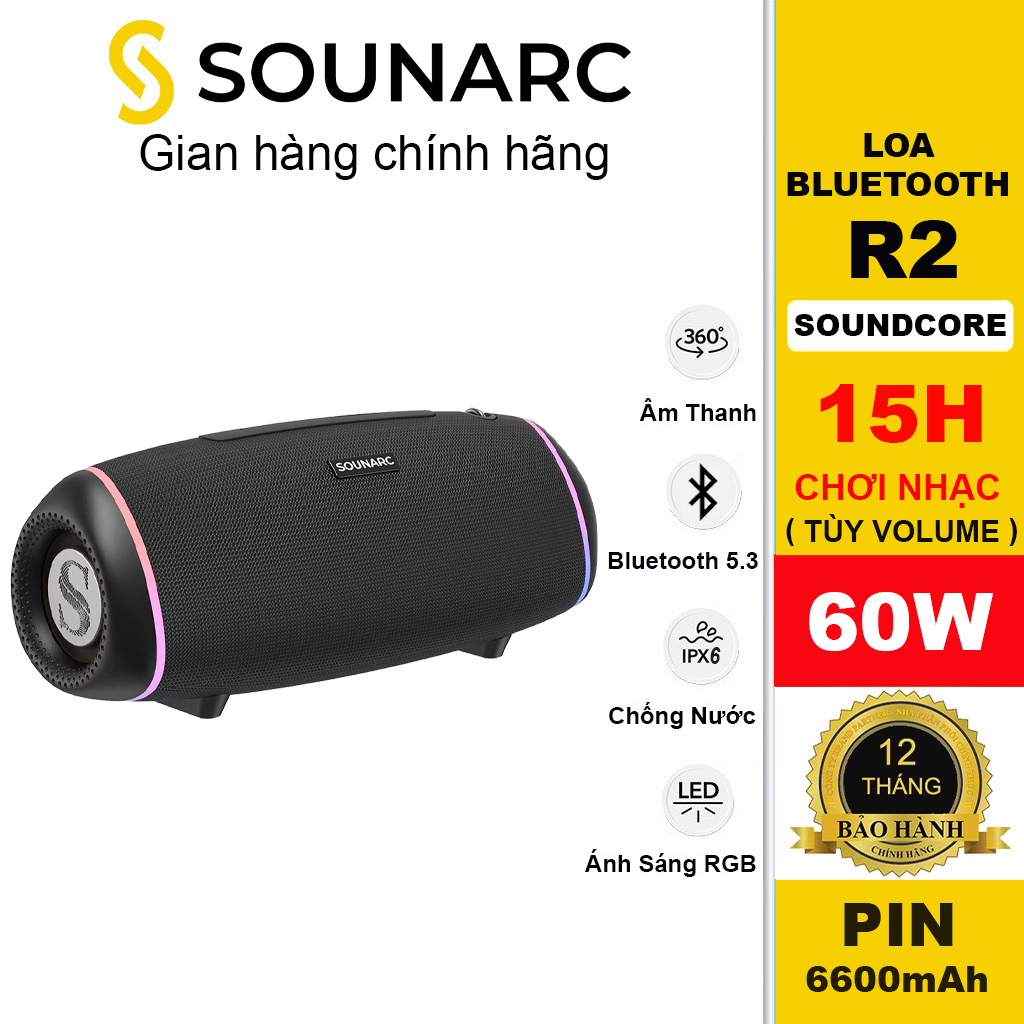 Loa Bluetooth 5.3 Sounarc R2 Công Suất 60W, Chống Nước IPX6, Tích Hợp Pin 6600mAh 15H Chơi Nhạc - Hàng chính hãng