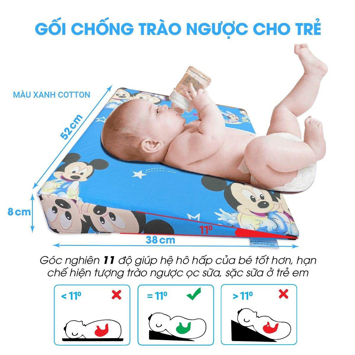 Gối chống trào ngược cho bé YOROKOBI, chống ợ, nôn, trớ...chống trơn trượt KT: 38X52X8CM