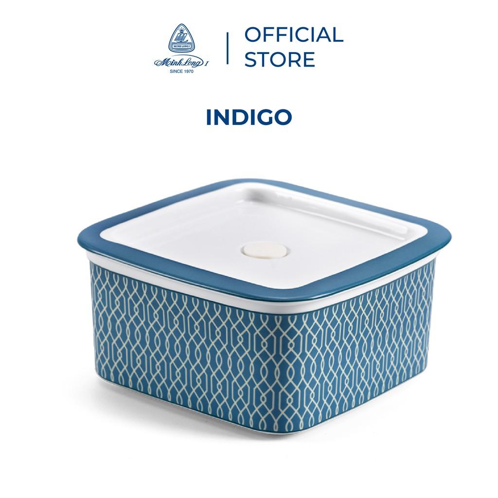 Hộp dưỡng sinh vuông đựng thực phẩm 15 cm + nắp  Dưỡng Sinh Indigo (LTA) Sứ cao cấp Minh Long